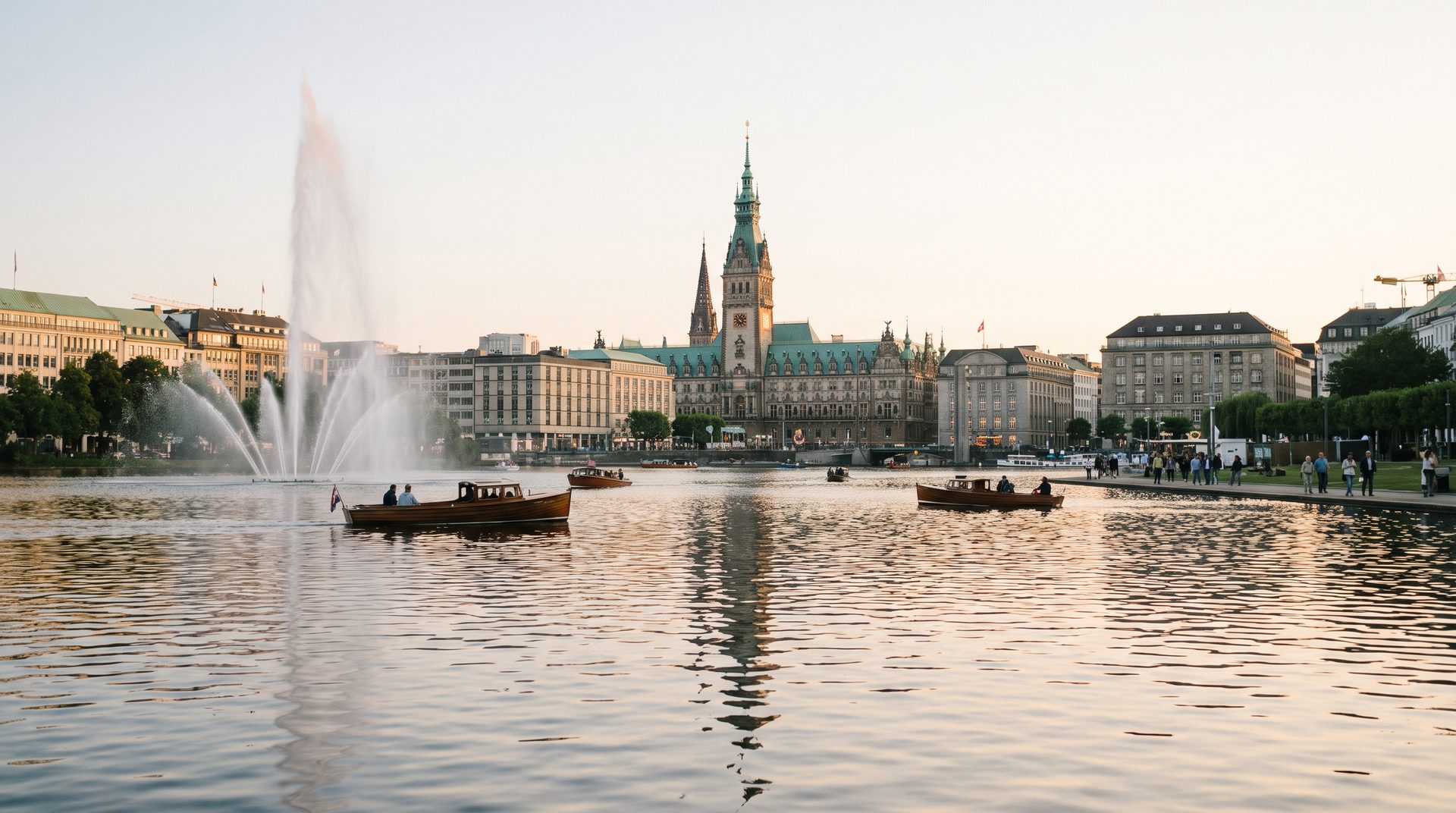 Das Hamburger Rathaus über die Binnenalster mit der Fontäne
