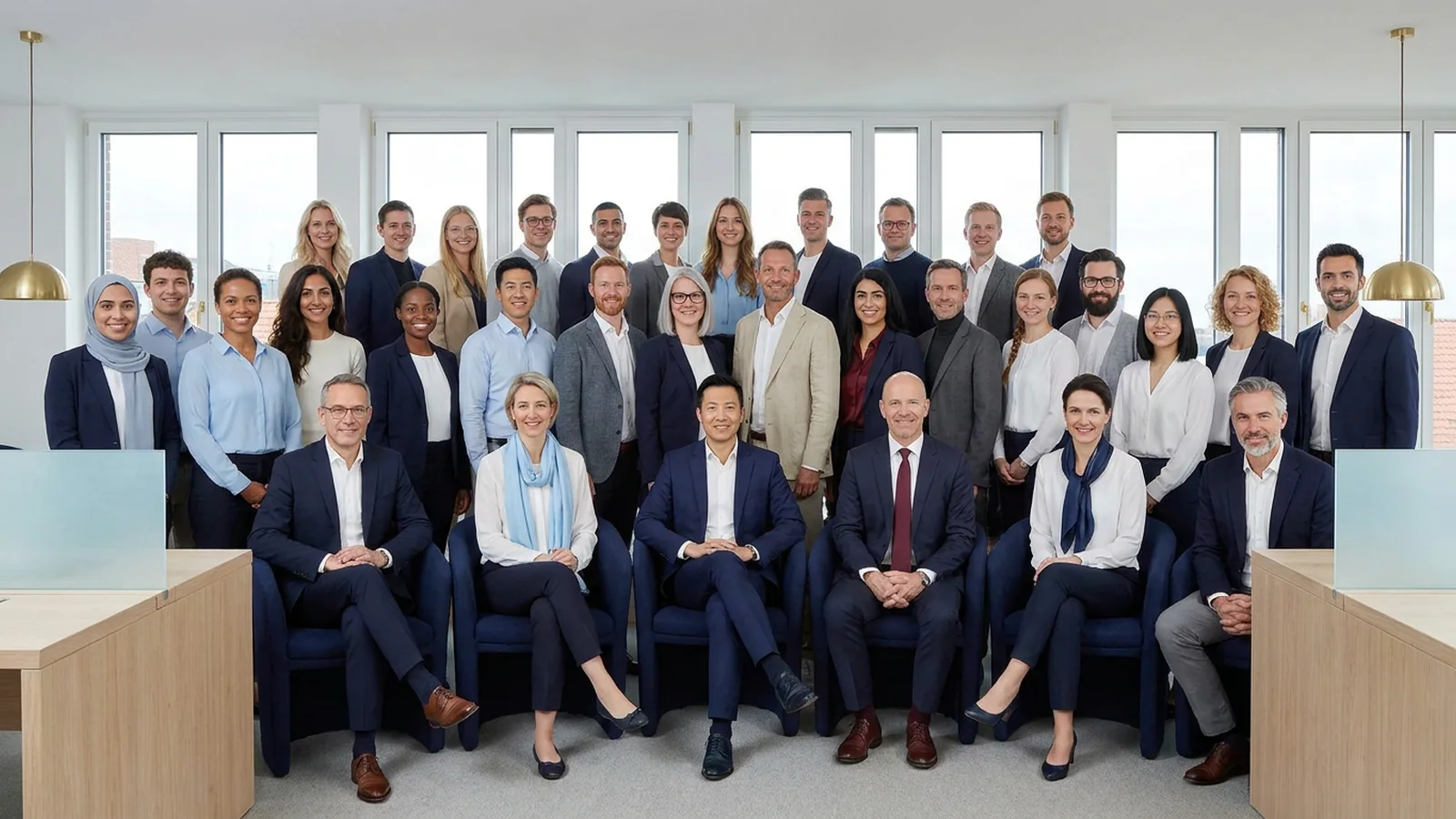 Das gesamte Team der Tilmes GmbH im Büro am Neuen Wall in Hamburg